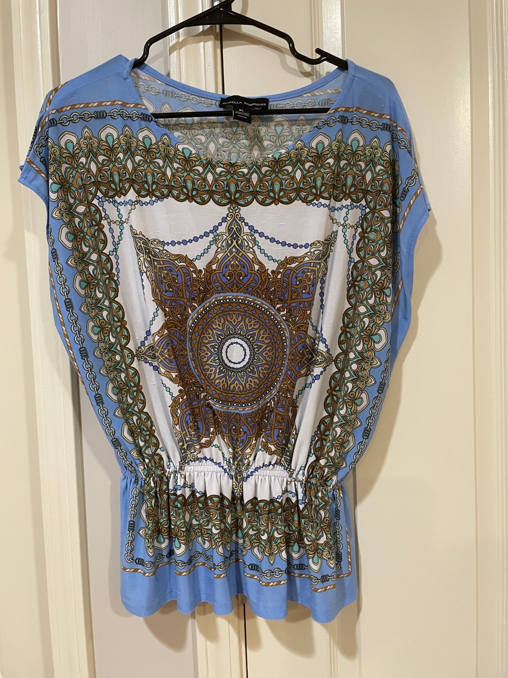 Isabella Rodriguez Sky Blue & White Medallion Print Blouson Top PL